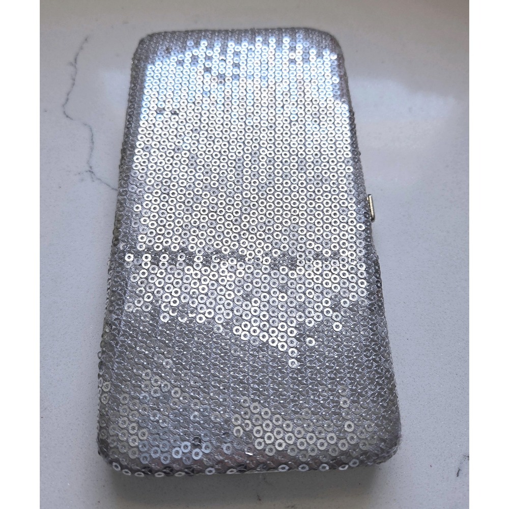 Silver Sequin Hard Shell Wallet Evening Bag Card Holder Clutch Zipper Pocket